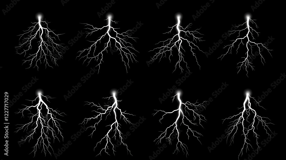Poster ten variations of white lightning bolts on a black background, each with unique branching patterns a