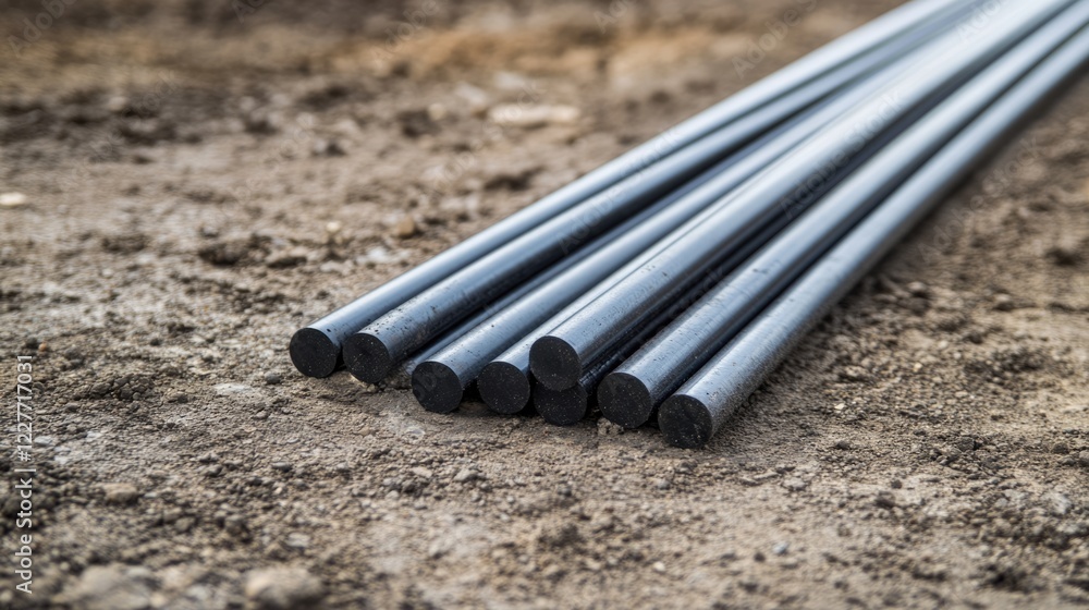 Poster steel reinforcement bars stacked on construction site ground with empty space for text or graphics