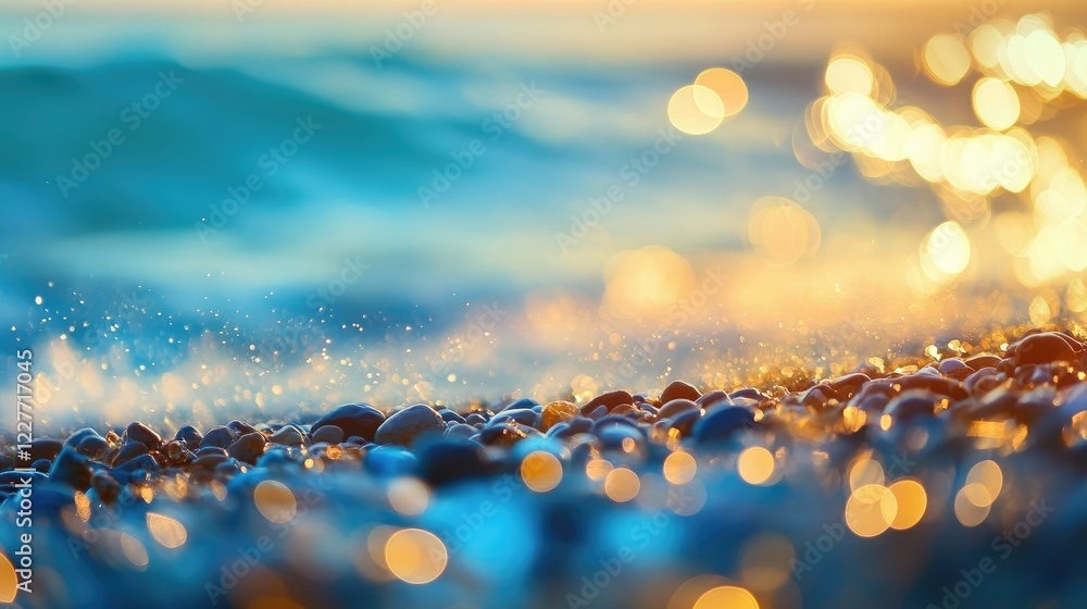 Poster rocky coastline at dusk with gentle ocean waves creating a soft bokeh background and shimmering ligh