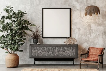 Bohemian living room mockup, carved console, textured wall