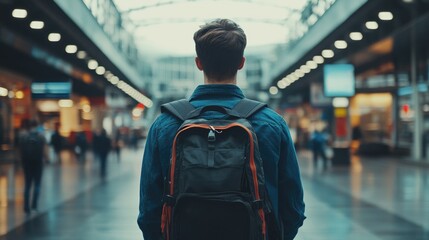 Young Traveler with Backpack in Trendy Outfit Ready for Exploration in Busy Urban Environment