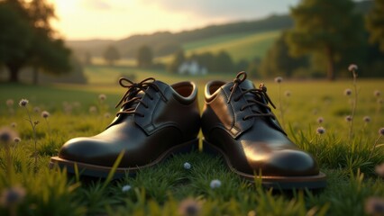 Naklejka premium In this laid-back view, scuffed Irish Dance Shoes rest in lush grass, symbolizing the heartfelt connection between traditional Irish dance and the rural roots of St. Patrick's Day.