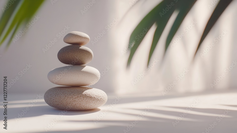 Aufkleber Balanced smooth stones creating a sense of tranquility and harmony against a minimalistic white background with soft shadows and natural elements.