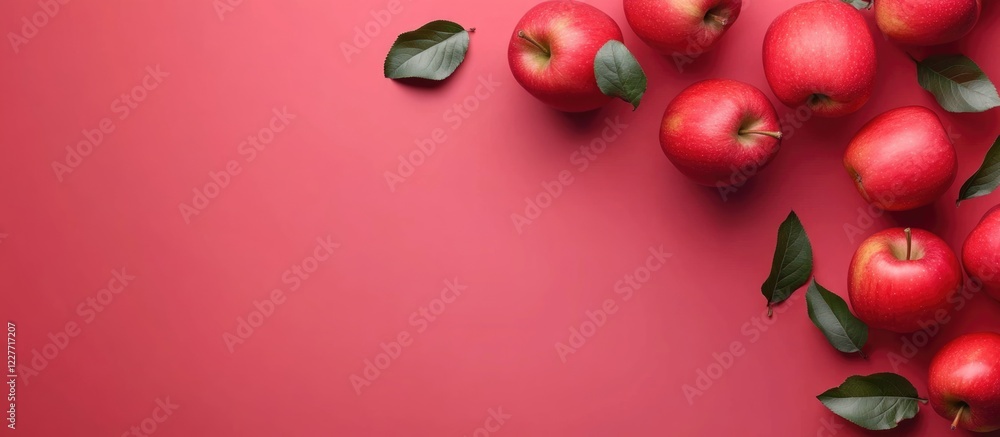 Poster vibrant red apples with green leaves on a bold red background featuring ample empty space for text o