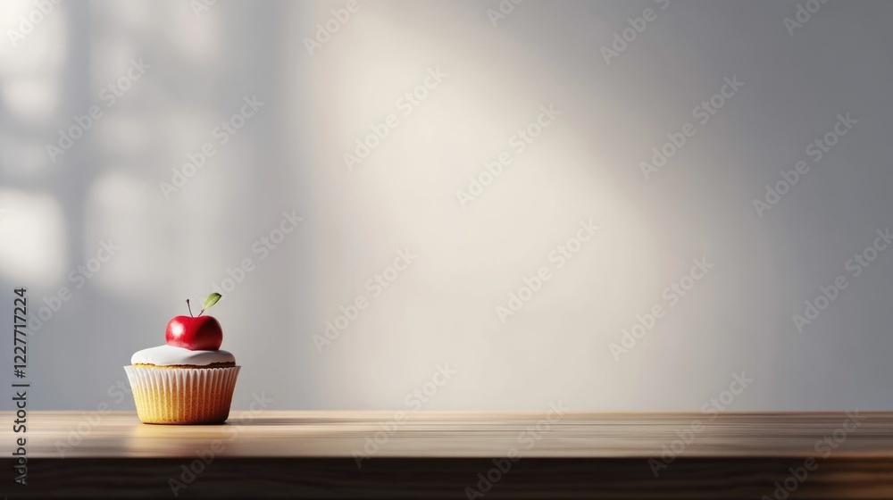 Poster cupcake with cherry on wooden table with empty wall space for text or design in a minimalist setting