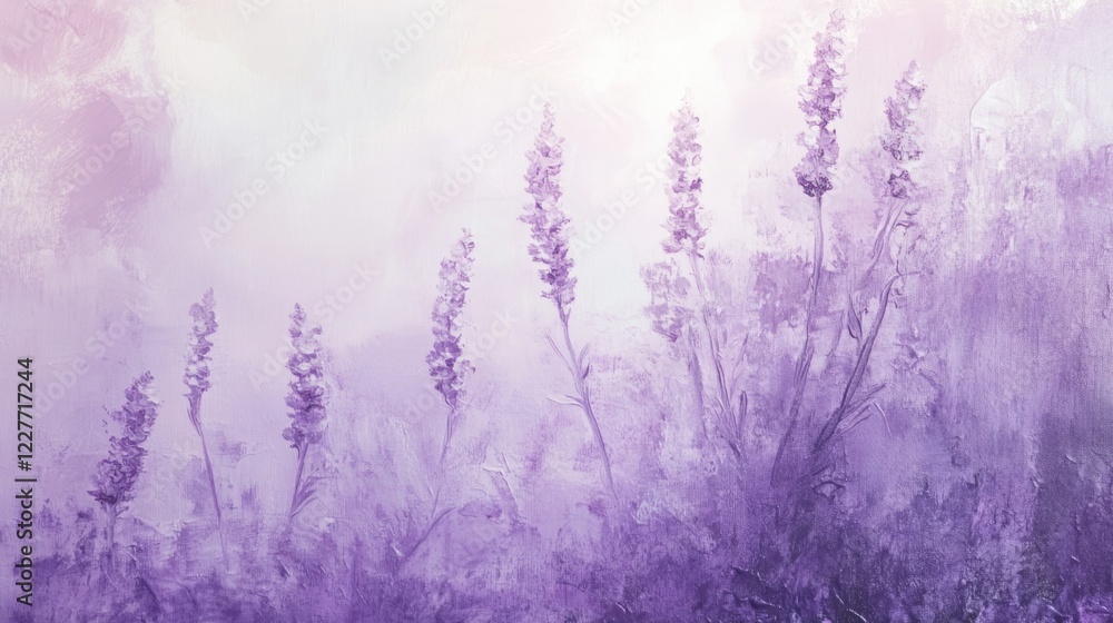 Poster pastel purple and lavender landscape illustration creating a serene atmosphere of calmness and relax