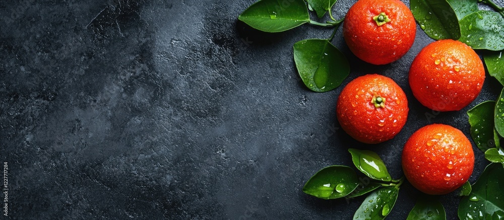 Poster fresh red citrus fruits with water droplets on a dark textured background featuring leaves and ample