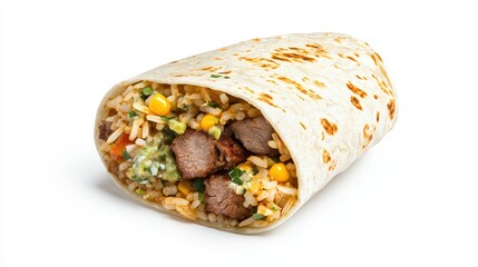 Delicious Beef Burrito with Rice and Fresh Ingredients on White Background