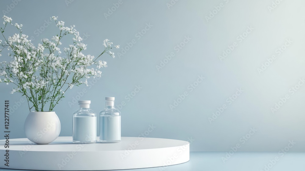 Poster podium with bottles and flowers in soft light background for promotional text and product display