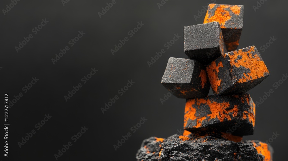 Poster stacked black and orange cubes creating an abstract ore structure with blank space for text or logo 