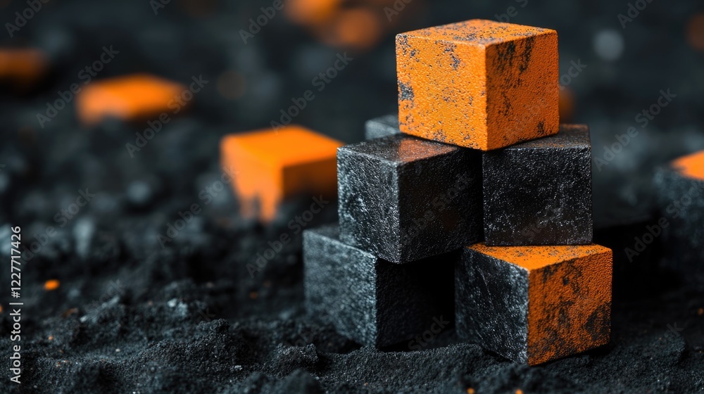 Poster stacked black and orange cubes creating an abstract structure on a textured surface with empty space