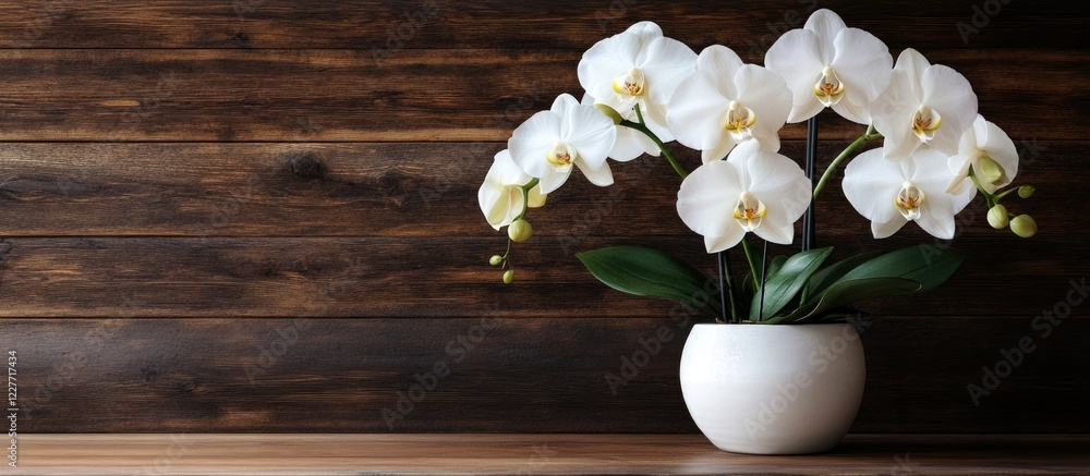 Aufkleber elegant white orchids in a ceramic pot on a rustic wooden table with ample empty space for text or b