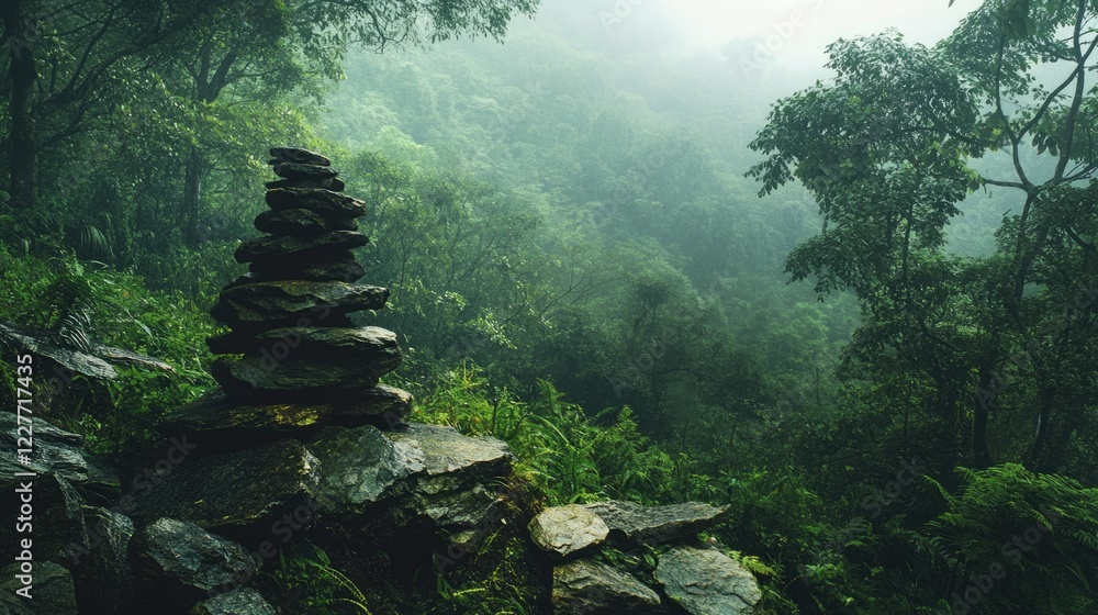 Poster tranquil stacked stones in verdant forest setting with foggy hillside and ample empty space for text