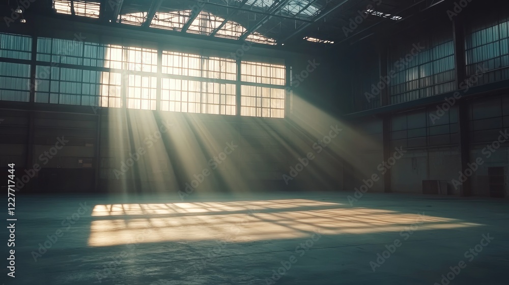 Poster desolate warehouse interior bathed in sunlight with tension-filled atmosphere and ample copy space f