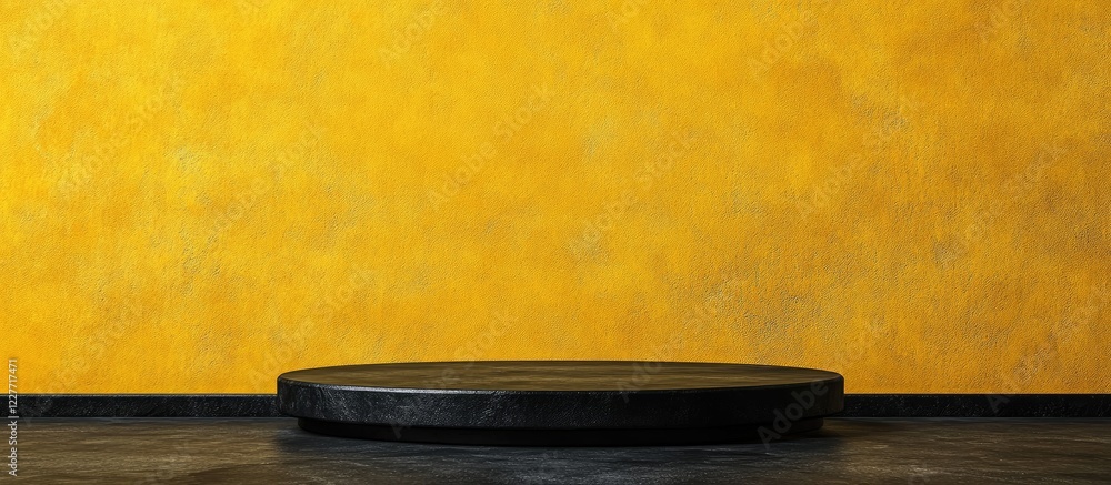 Aufkleber black podium on yellow wall background with ample copyspace for text in a high-quality image suitabl