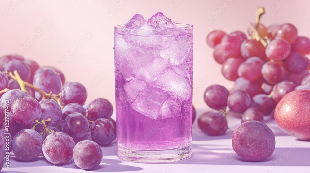 Poster refreshing grape juice beverage with ice and grapes on a soft pink background