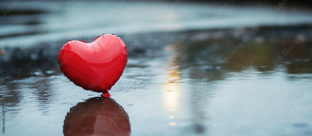 Poster red heart shaped balloon floating in water puddle with reflection and negative space for text or des