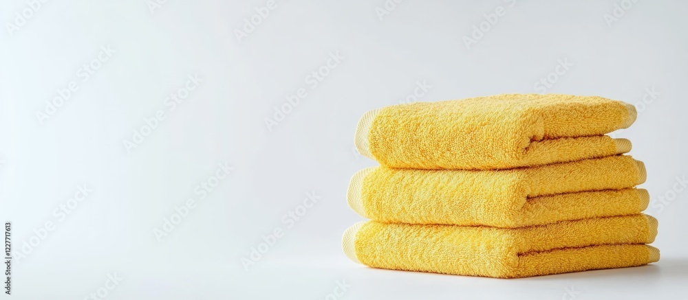 Poster stack of soft yellow towels on a clean white background featuring ample blank space for text and bra