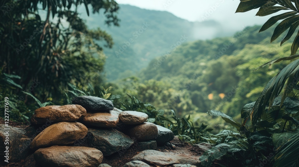 Poster serene stacked stones in a vibrant forest with lush greenery and mountains in the background providi