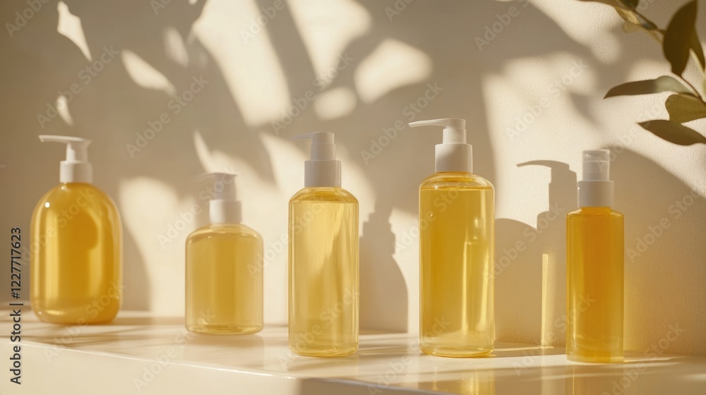 Poster elegant shampoo and body wash bottles elegantly displayed in a serene spa bathroom with soft natural