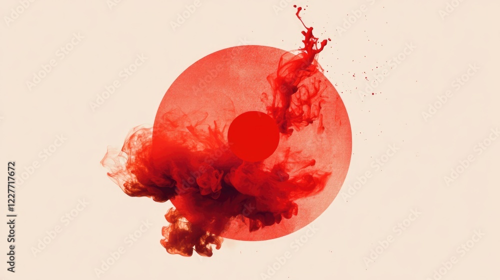 Aufkleber red ink splash creating dynamic patterns against a vivid red circular backdrop in artistic abstract 