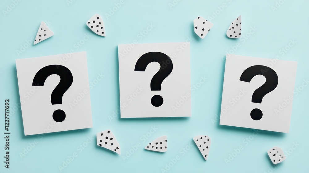 Poster three white square notes with black question marks on a light blue background, surrounded by small s