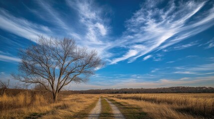 Tranquil Landscape with a Blue Sky and Wispy Clouds Over a Serene Field Pathway and Bare Tree