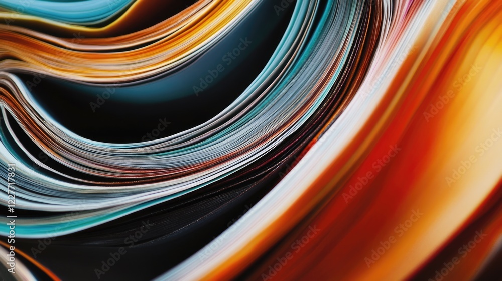 Poster abstract colorful swirl of stacked magazines with empty copyspace for text showcasing vibrant textur