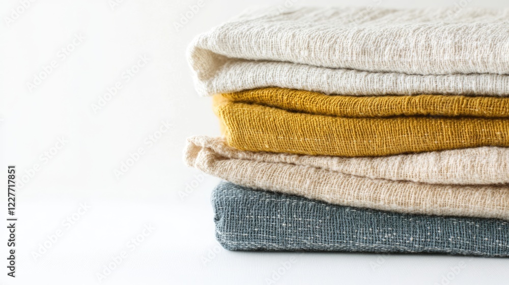 Poster neatly stacked linen fabrics in soft colors on a white background with space for text or branding