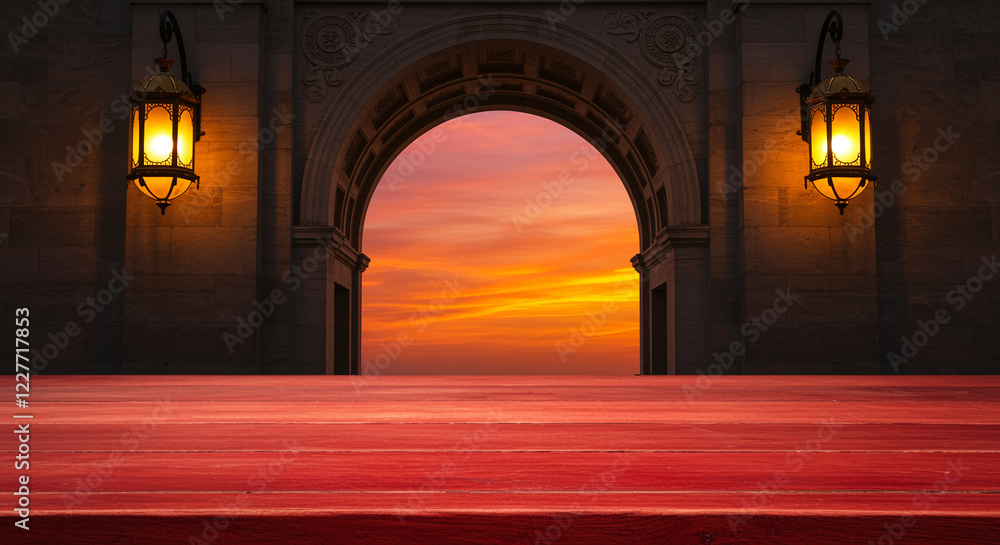 Poster archway with sunset view. sunset archway with architecture design. stone archway with lanterns
