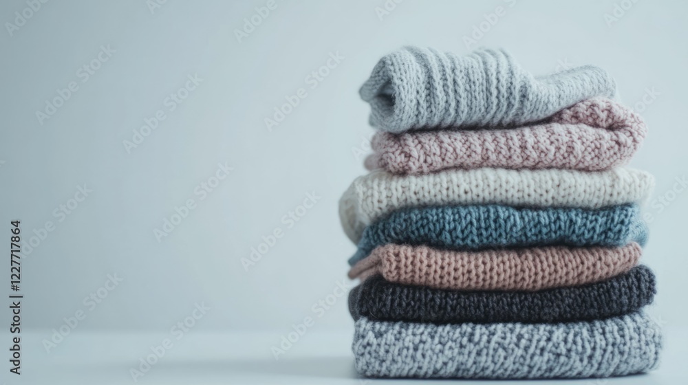 Poster neatly folded knit clothes stack on white background with ample copy space for text and promotions
