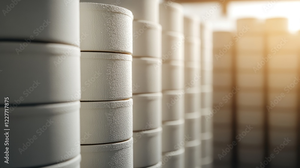 Poster stacked foam canisters ready for shipment in warehouse with empty space for text for advertising or 