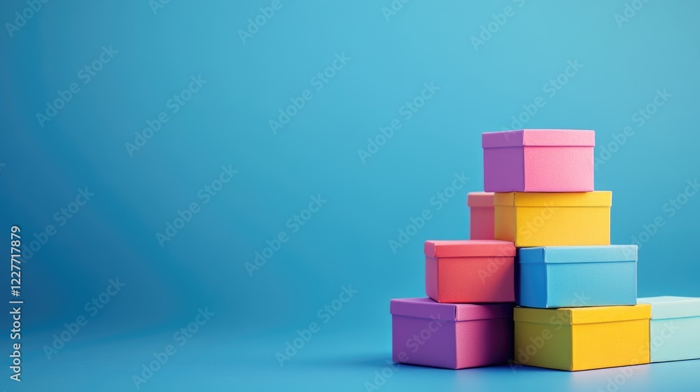 Poster vibrant stack of colorful gift boxes on a blue background with ample empty space for text and promot