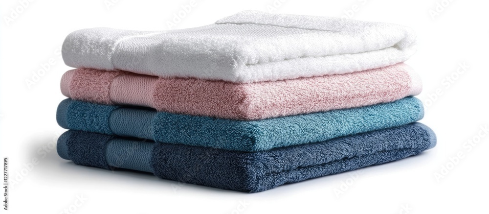 Poster soft stacked towels in a variety of colors on a white background with ample empty space for text or 