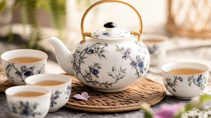 Fototapeta premium Vintage porcelain teapot and matching cups with floral designs exuding elegance for sophisticated tea gatherings and formal occasions