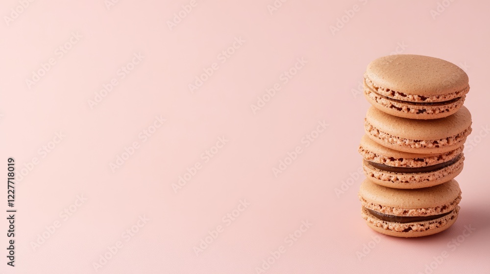 Poster stack of macarons on a soft pink background creating a minimalistic and elegant scene perfect for de