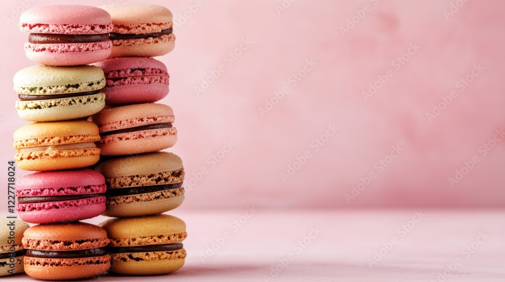 Poster colorful stack of macarons on a pastel pink background with ample copyspace for text and branding in