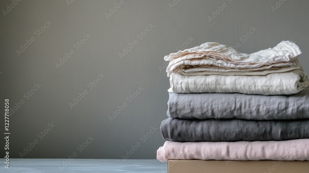 Poster neatly folded bed linens arranged on a box with minimalist background offering space for text or bra