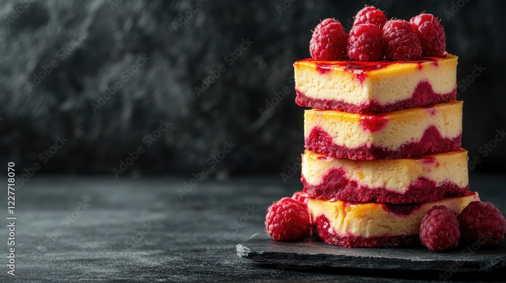 Poster fresh raspberry passion fruit swirl cheesecake stack on slate with copyspace for text in dark backgr