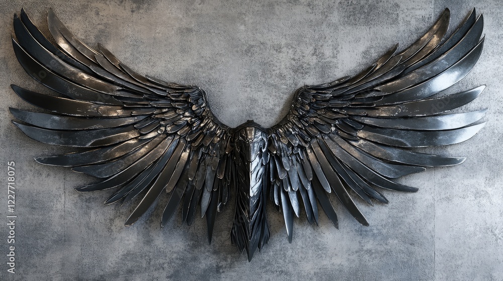Aufkleber sleek metallic wings in industrial design mounted on a textured gray wall creating a striking focal 