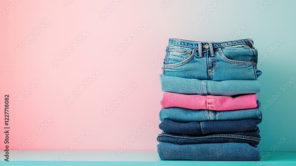 Poster stack of neatly folded jeans on a shelf against a pastel colored background with ample empty space f