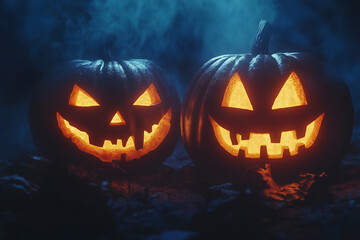 Spooky Halloween Gift Box with Glowing Jack-o'-Lanterns and Eerie Atmosphere Surrounded by Pumpkins and Autumn Leaves in a Mystical Night Scene