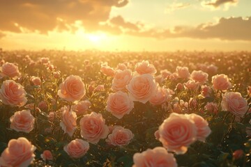 Scenic view of blooming pink roses in golden sunset light in summer garden