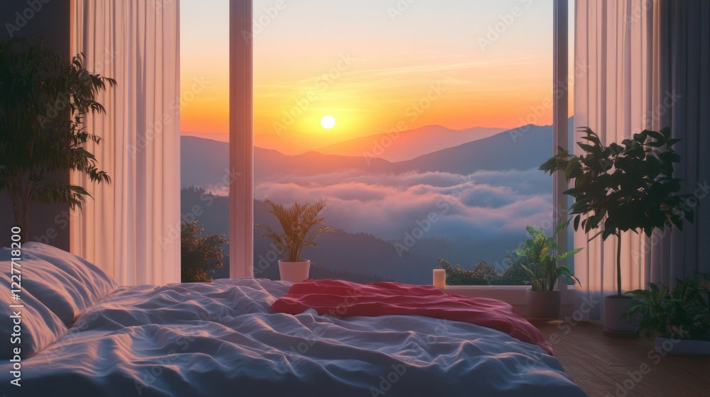 Poster serene bedroom with mountain view at sunrise casting warm light through large windows creating a pea