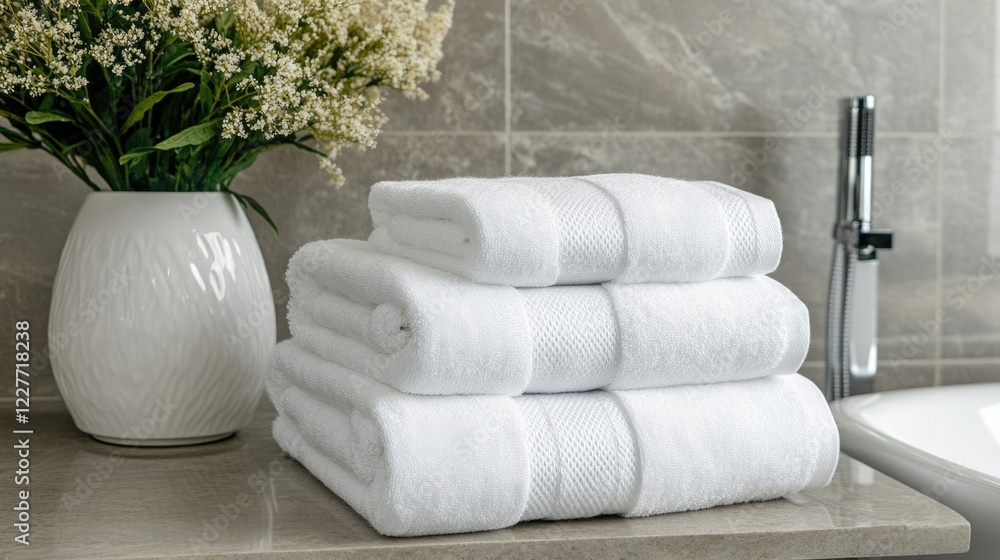 Poster stack of clean soft towels on a bathroom table with a vase of flowers and ample empty space for text