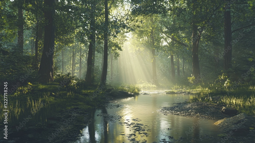 Aufkleber Tranquil forest creek with sunlight filtering through trees, creating reflections on the calm water surface in a serene natural setting