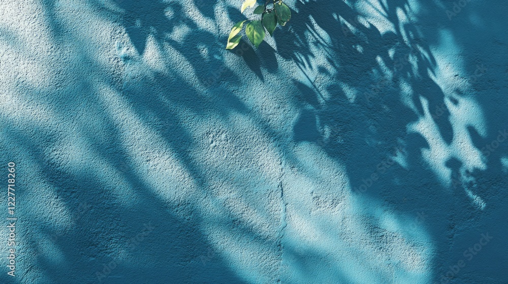 Poster Shadows Cast on Textured Blue Wall with Green Leaves Creating Natural Patterns and Depth