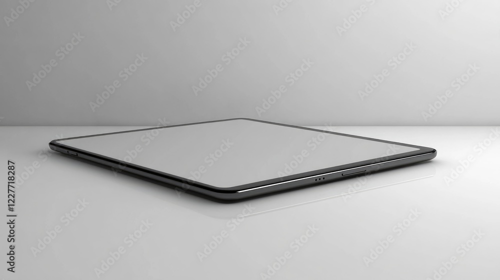 Poster Modern digital tablet with sleek design placed on a bright white surface for innovative technology and visual presentation concepts