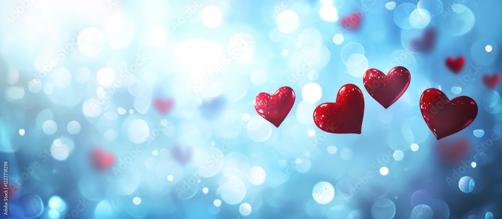 Poster red hearts floating on soft blue bokeh background for valentine's day with space for custom text or 