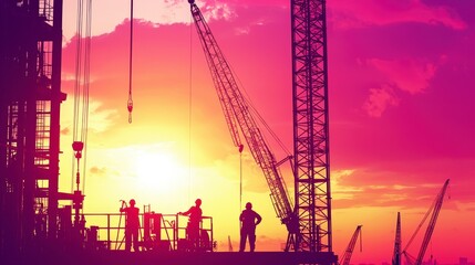 Obraz premium Construction Site Silhouette Against Colorful Sunset Sky